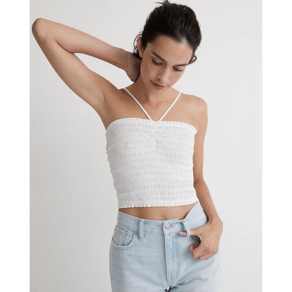 Madewell Poplin Smocked‎ Halter Crop Top